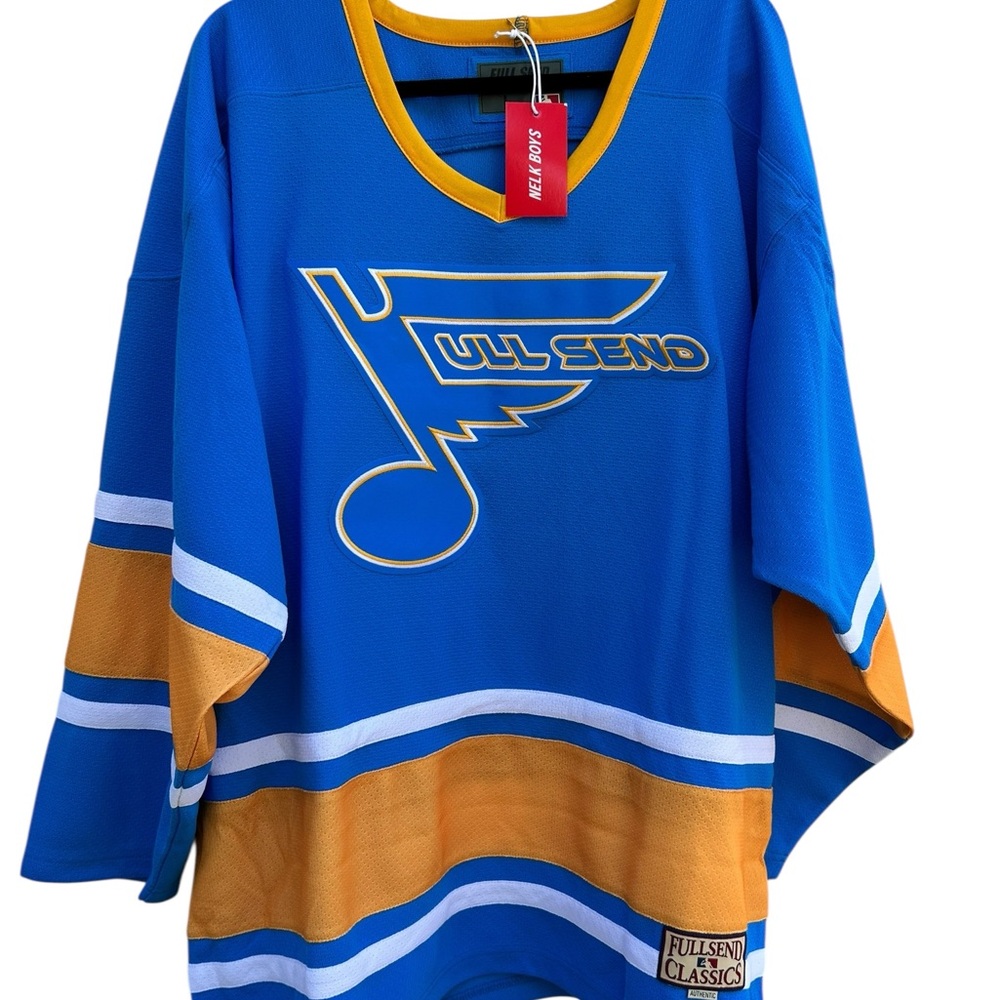 Full Send St Louis Blues Hockey Jersey Nelk Boys Mens Large NWT Retail $125